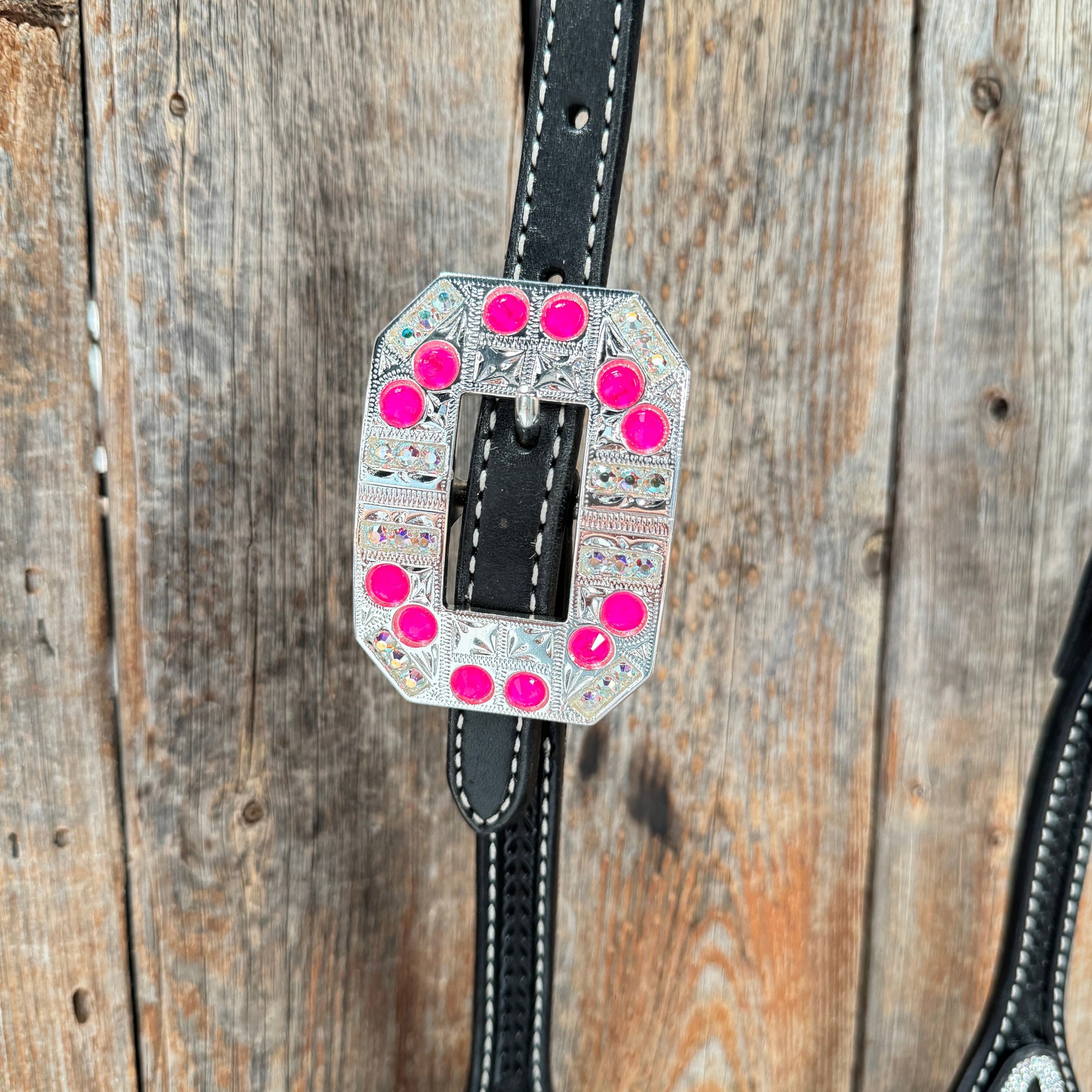 Black Basketweave Pink &amp; AB One Ear Tack Set  