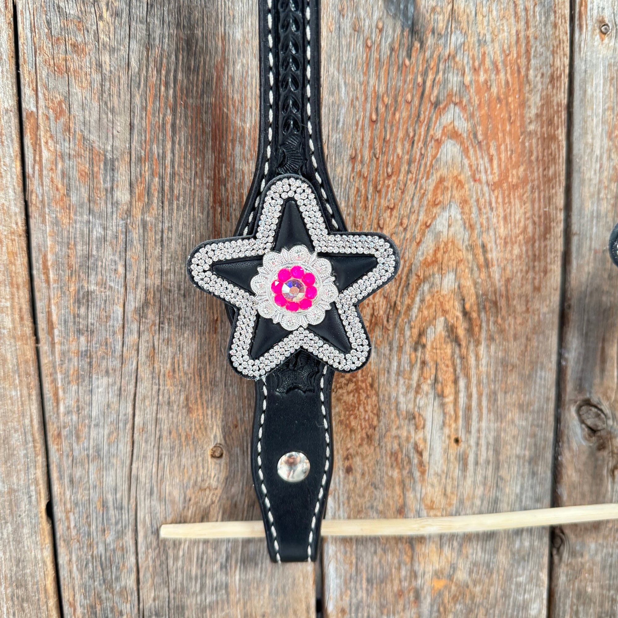 Black Basketweave Pink &amp; AB One Ear Tack Set  