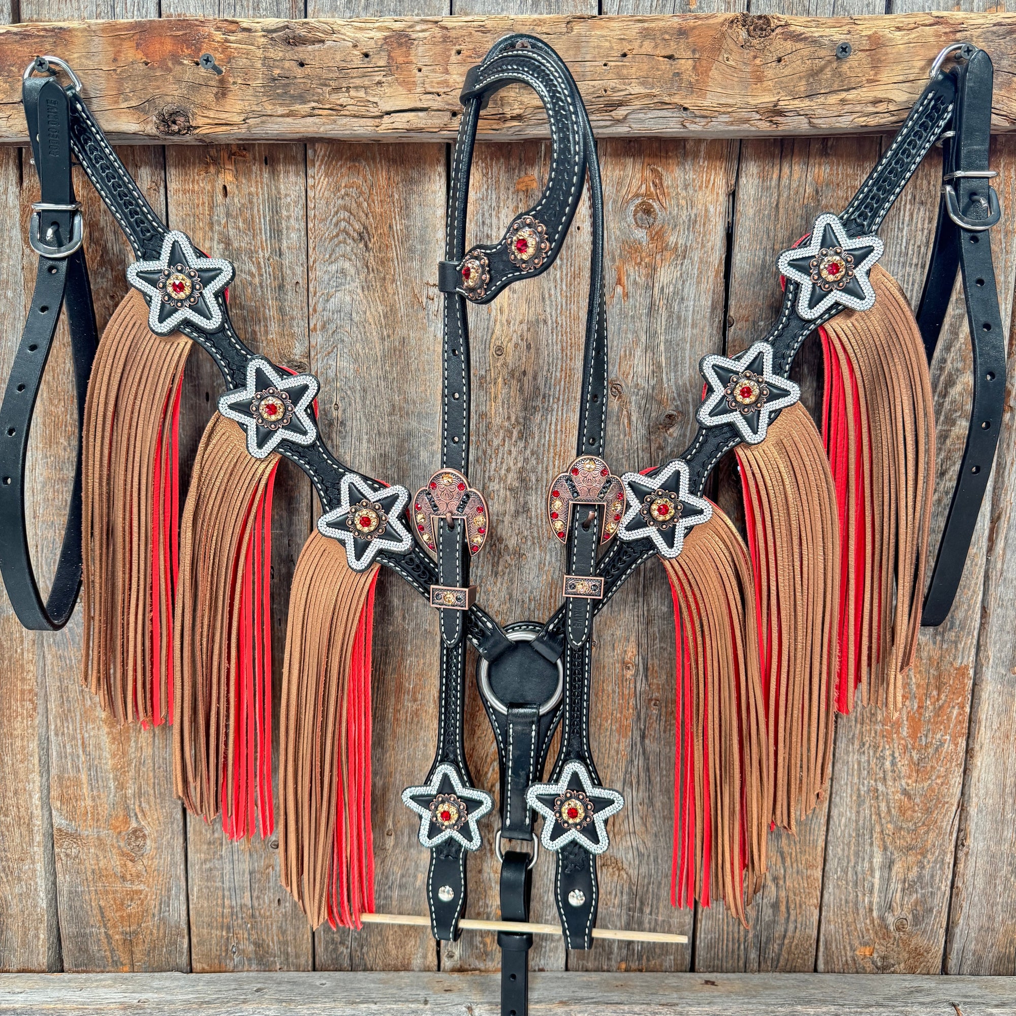 Black Basketweave Red and Copper One Ear Tack Set  