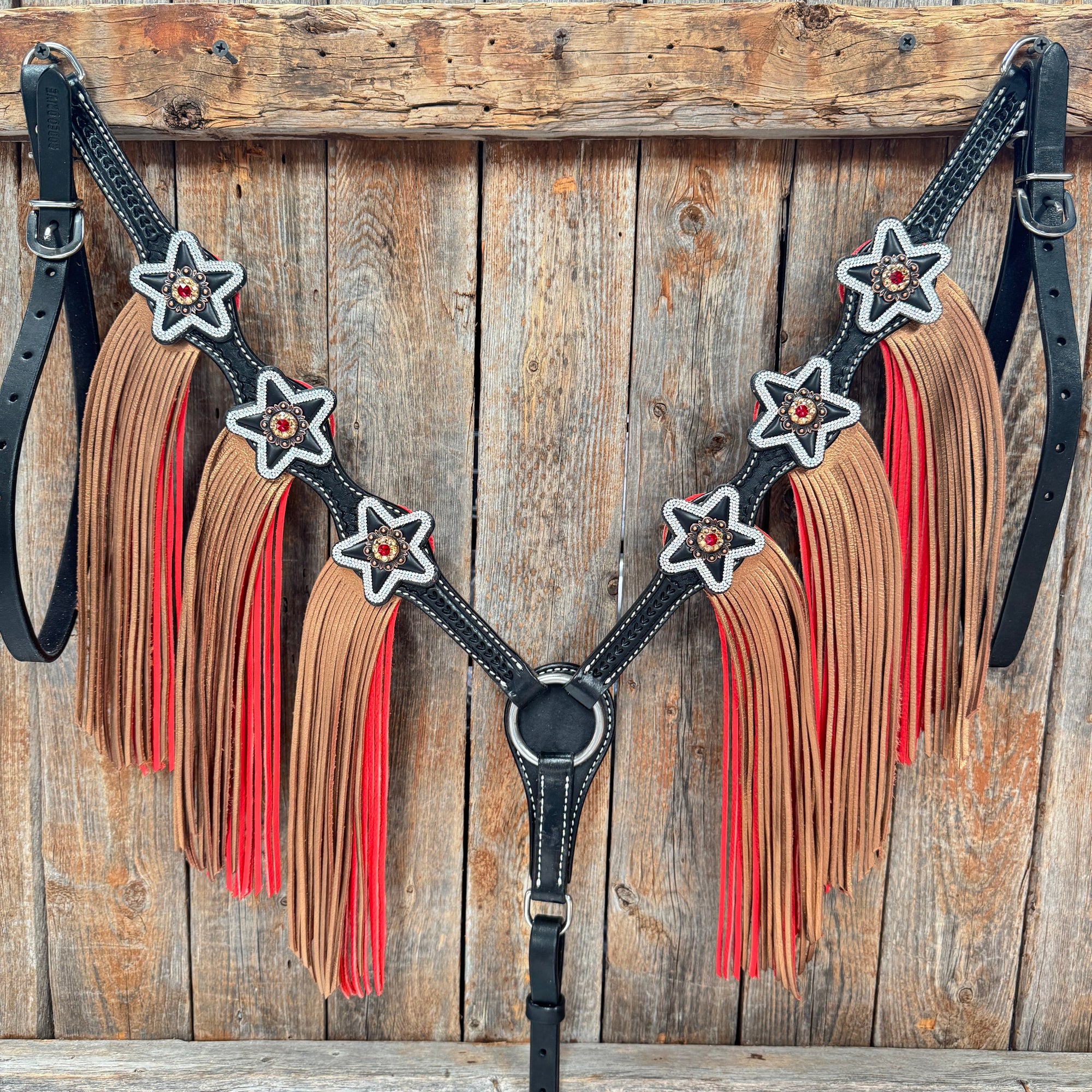 Black Basketweave Red and Copper One Ear Tack Set  