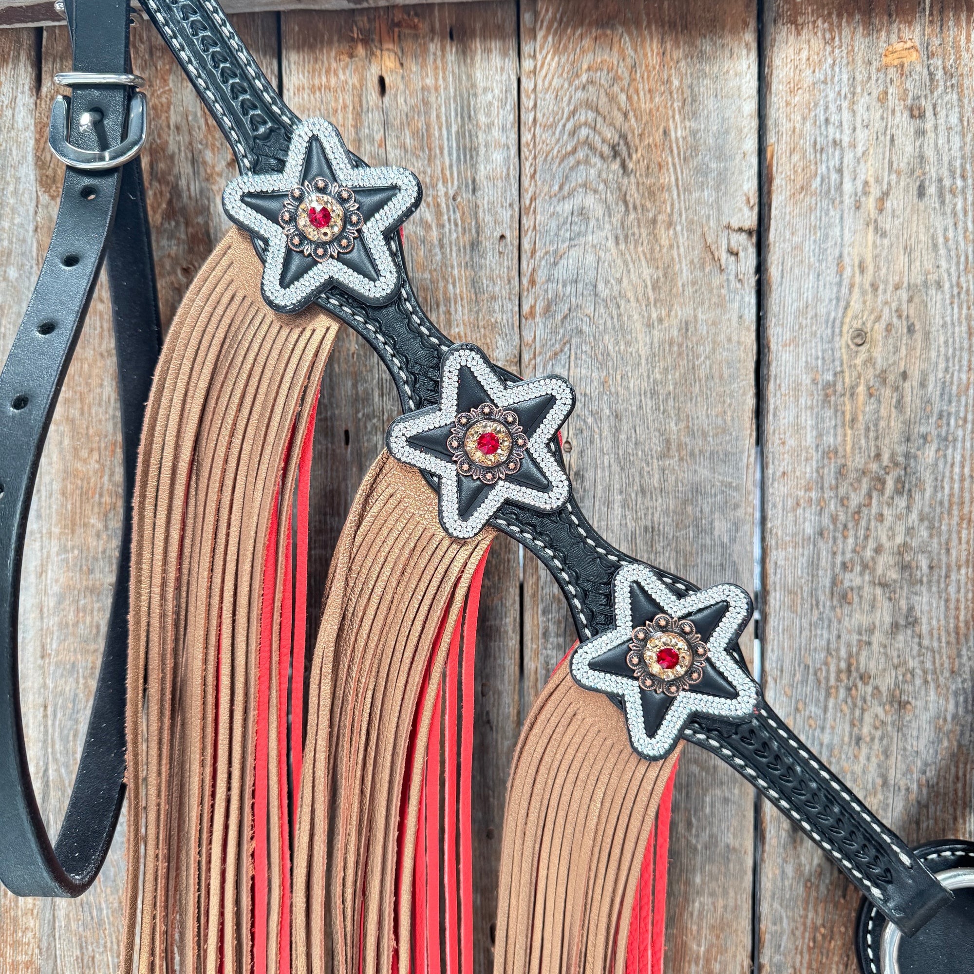Black Basketweave Red and Copper One Ear Tack Set  