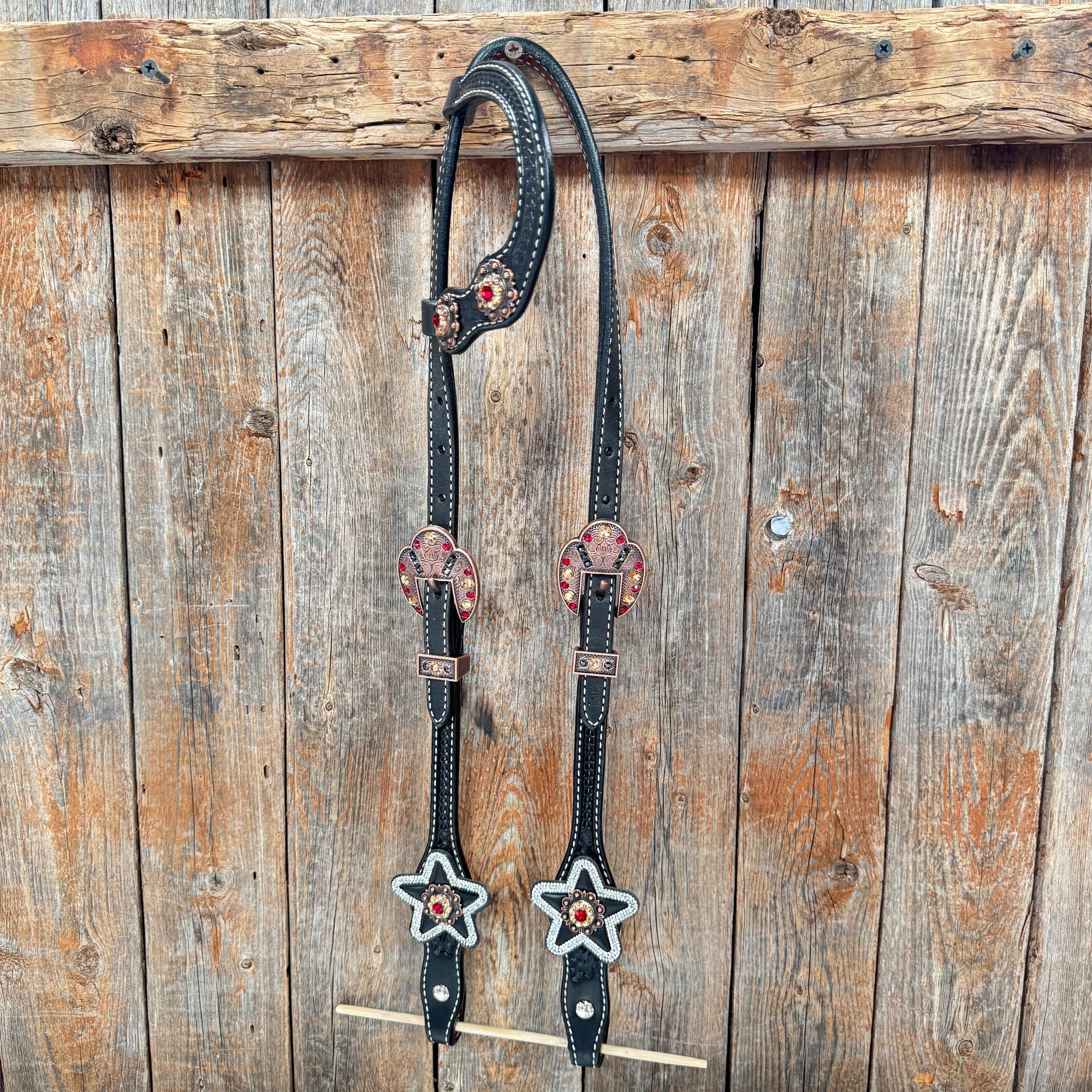 Black Basketweave Red and Copper One Ear Tack Set  