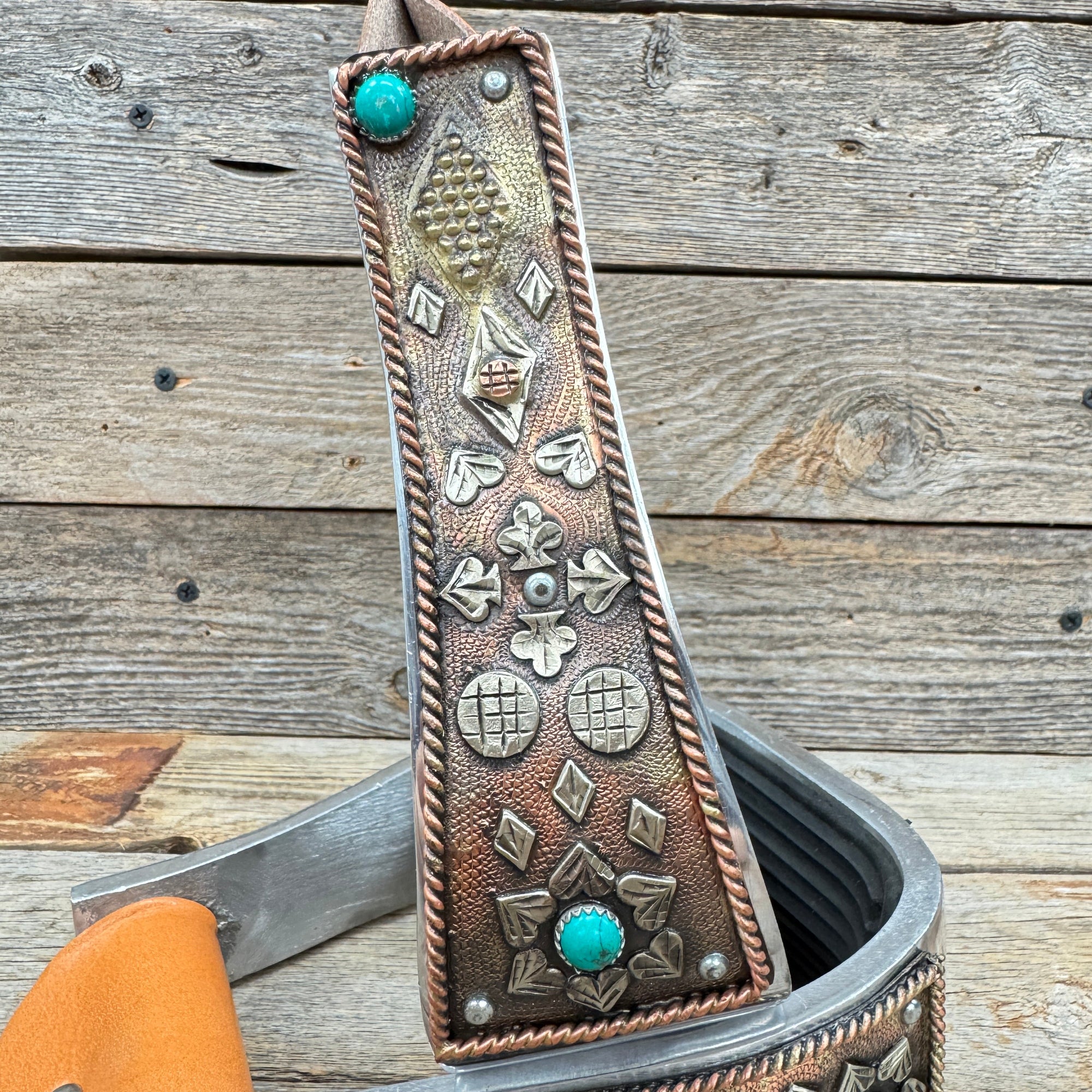 Hand Engraved Copper and Turquoise Barrel Racing Western Stirrups BRS100