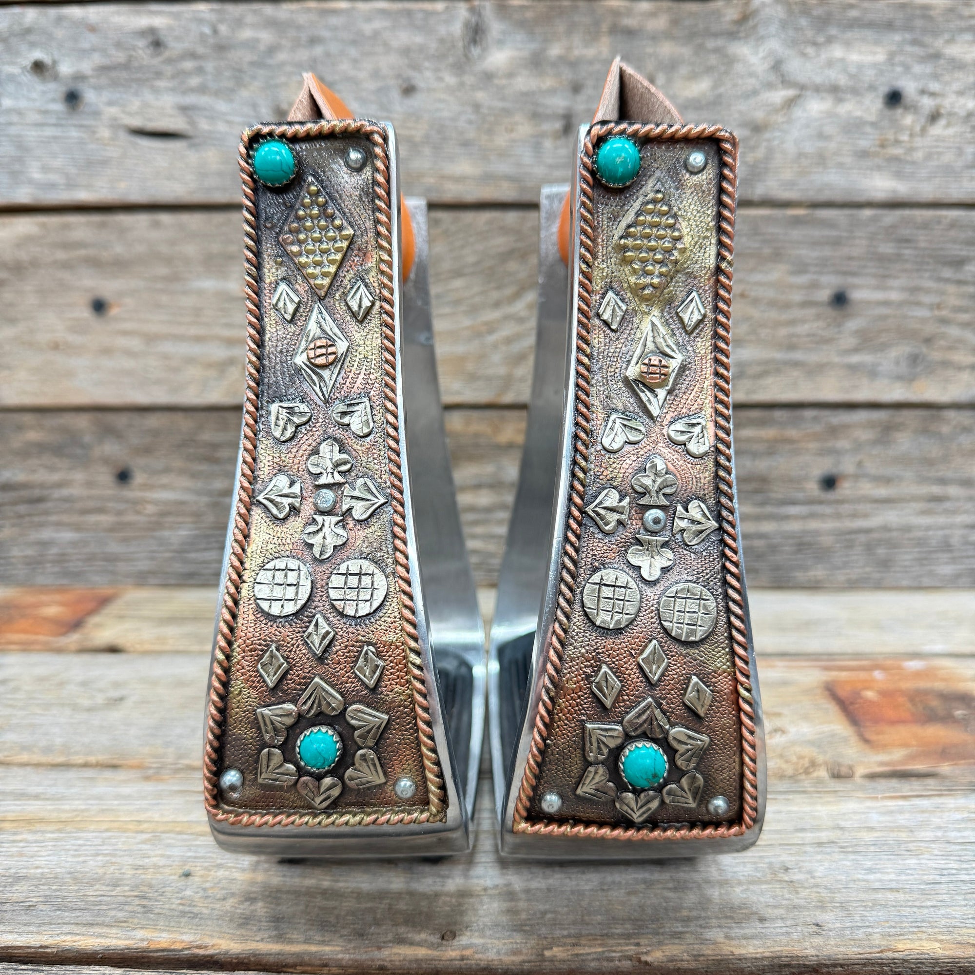 Hand Engraved Copper and Turquoise Barrel Racing Western Stirrups BRS100