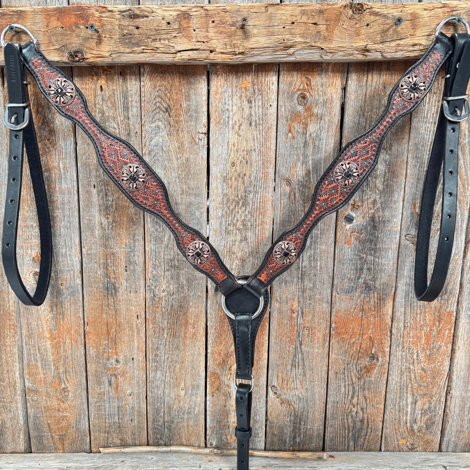 Teal Diamond and Black Fleur De Lis Browband / One Ear - Breastcollar Tack Set 