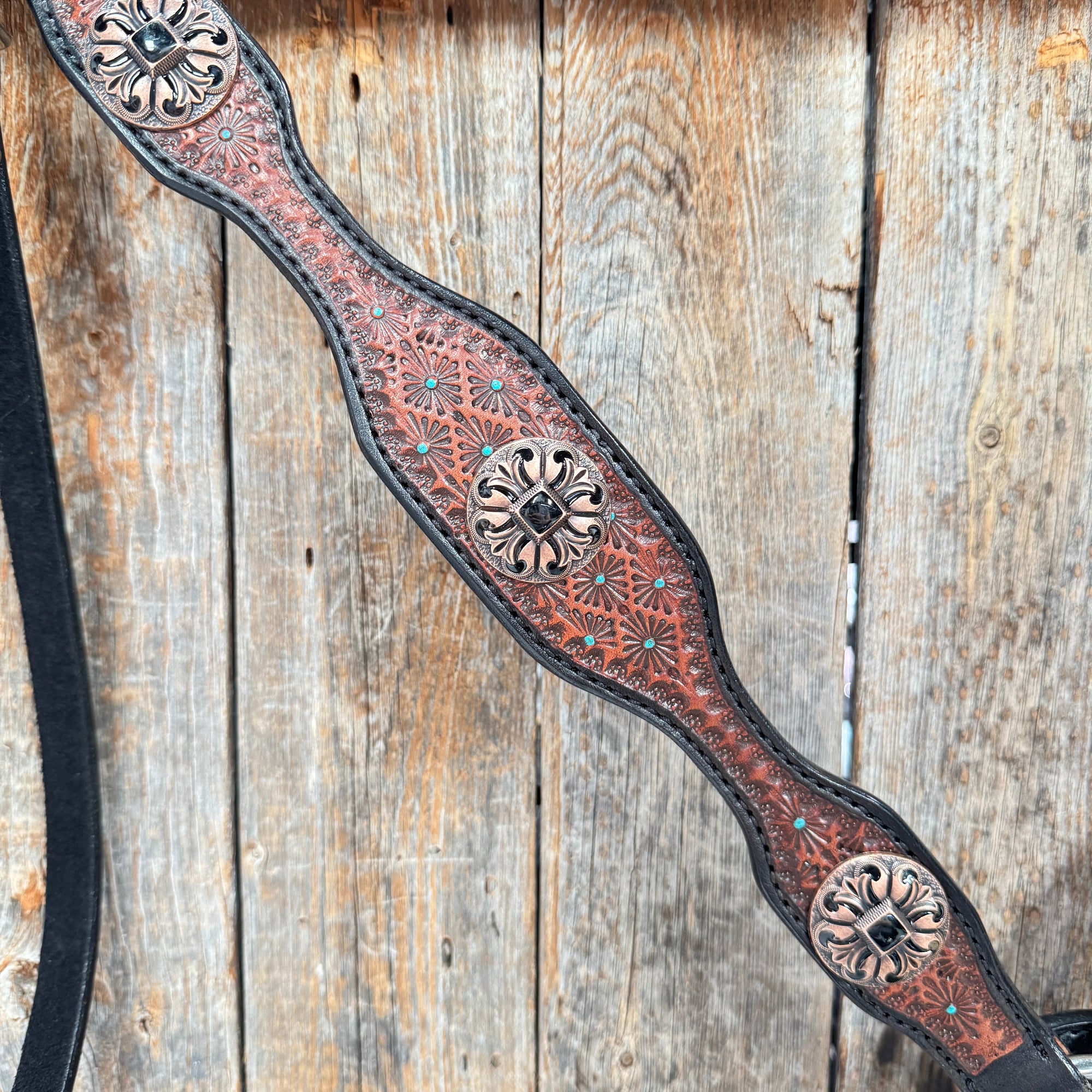 Teal Diamond and Black Fleur De Lis Browband / One Ear - Breastcollar Tack Set 