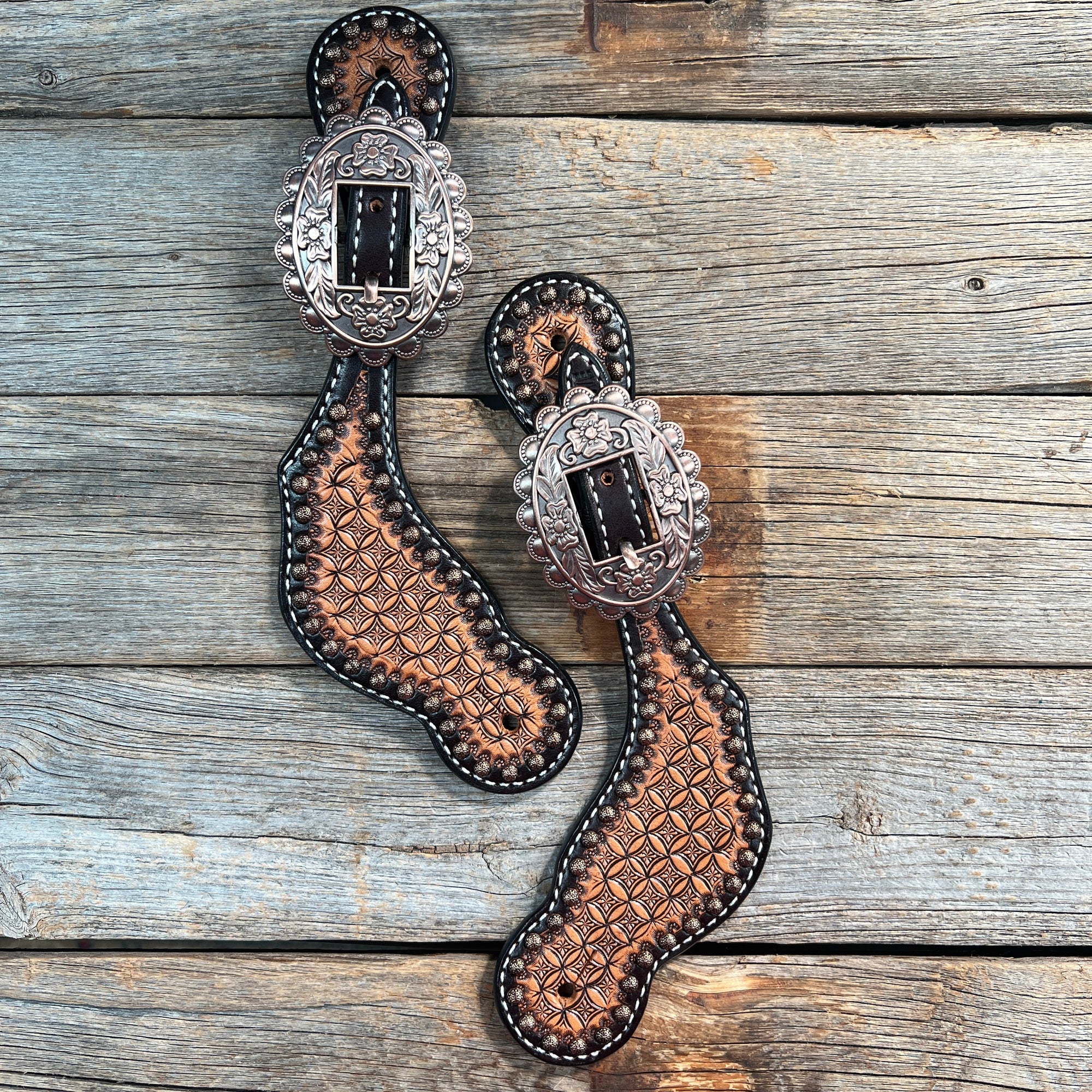 Copper Dot Honeycomb Floral Spur Straps - Copper Flower 