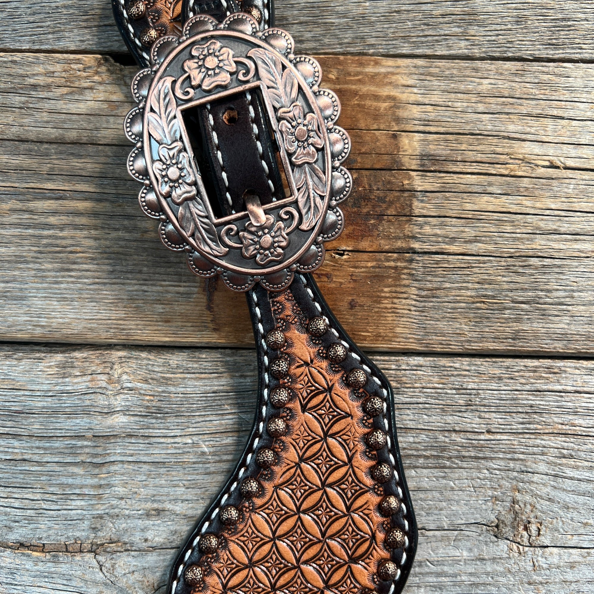 Copper Dot Honeycomb Floral Spur Straps - Copper Flower 