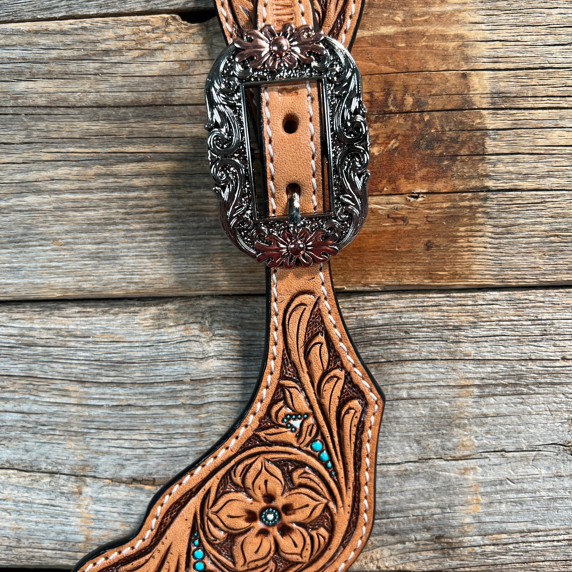 Floral Teal Dot Spur Straps - Copper Flower 