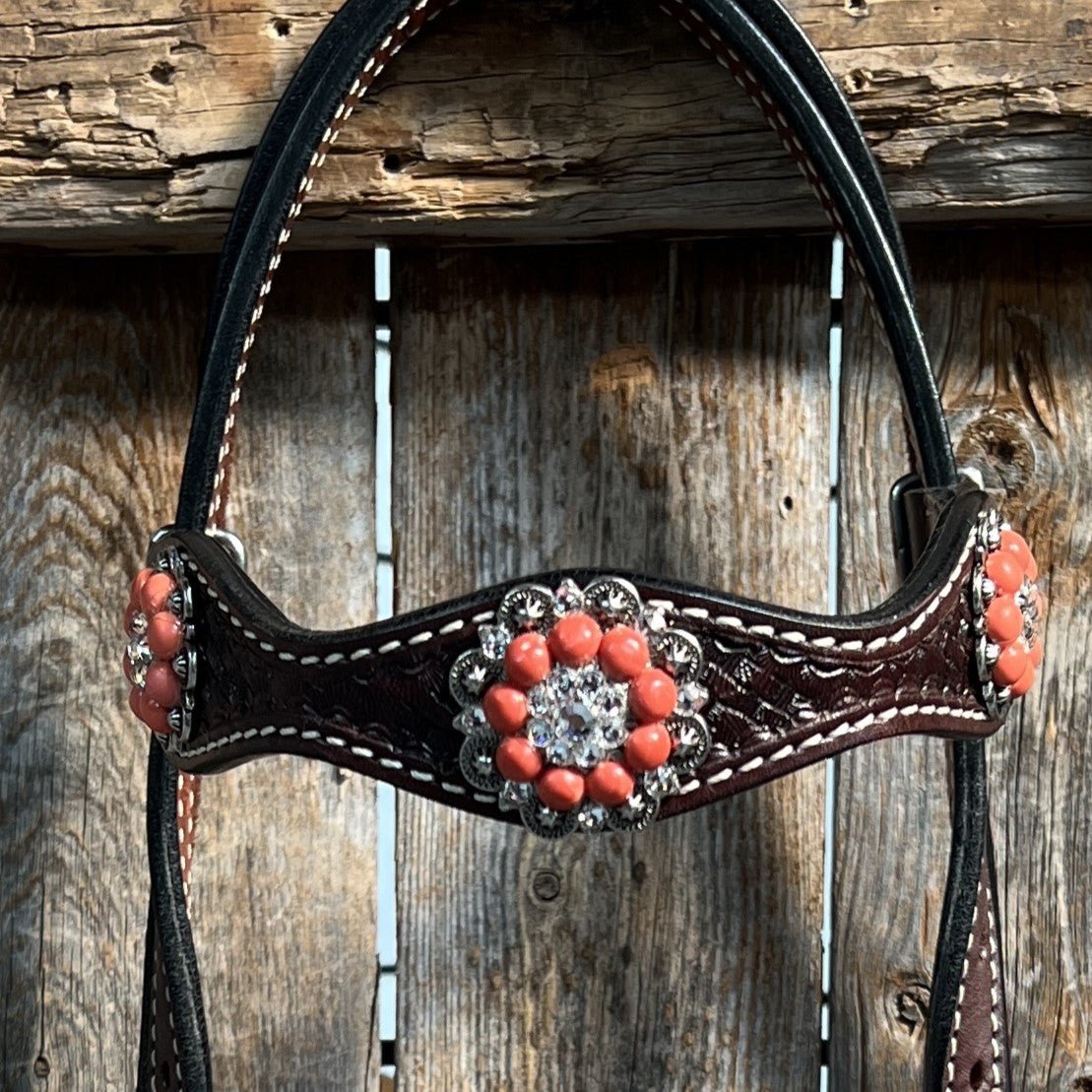 Dark Oil Basketweave Coral - Clear Browband/One Ear Tack Set  
