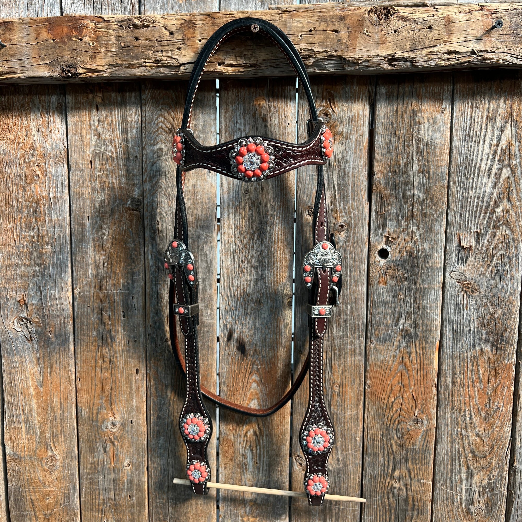 Dark Oil Basketweave Coral - Clear Browband/One Ear Tack Set  