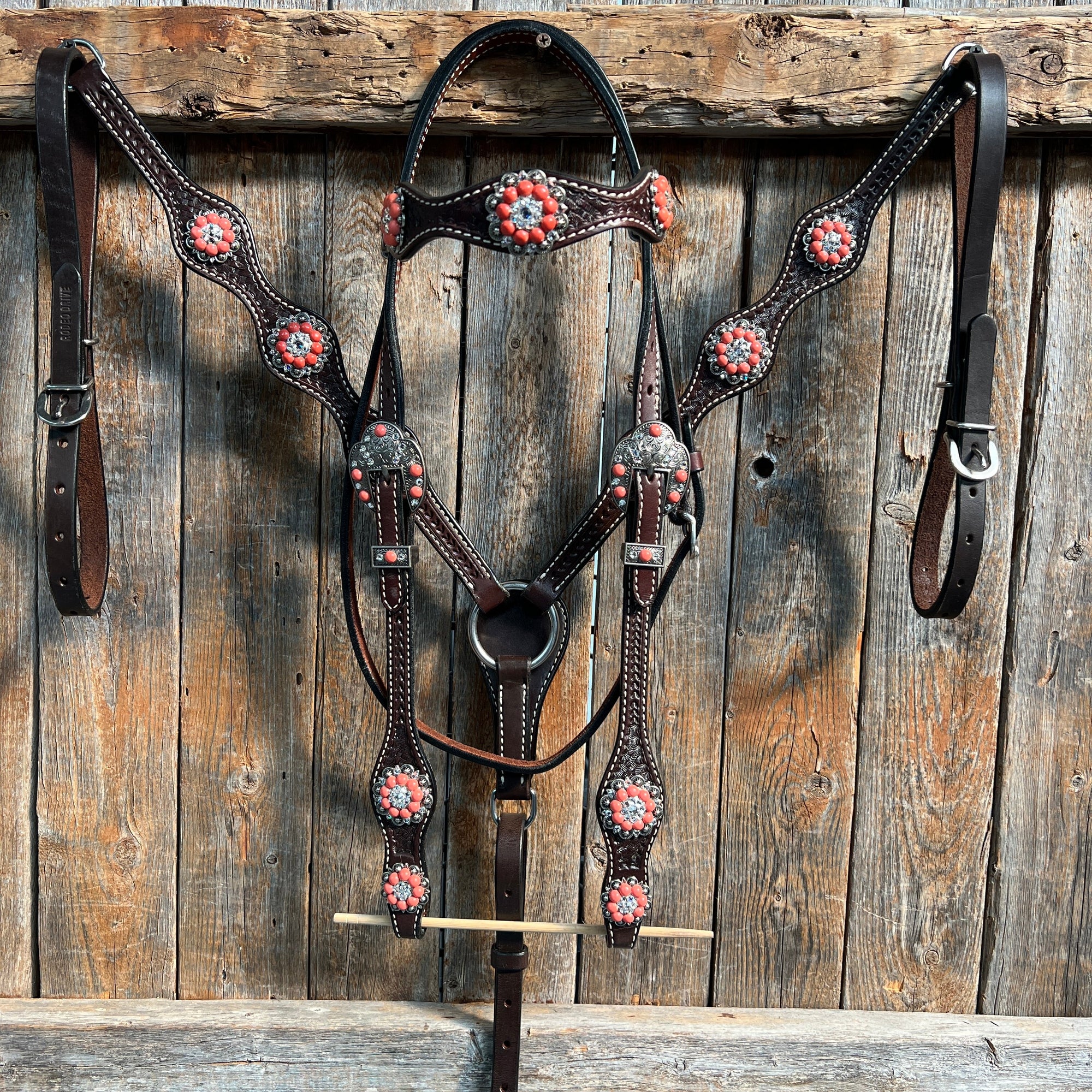 Dark Oil Basketweave Coral - Clear Browband/One Ear Tack Set  