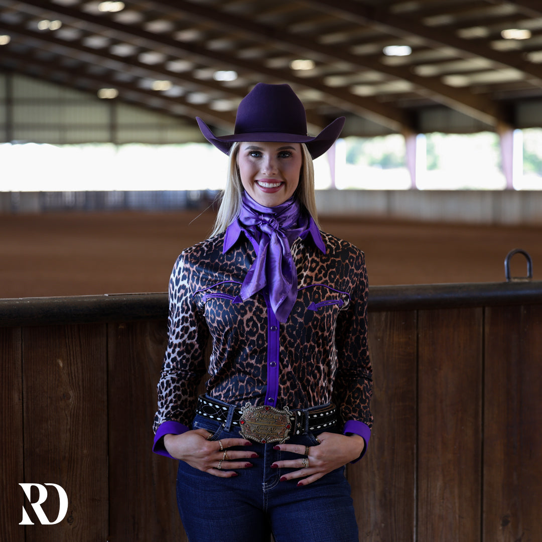 PURPLE LEOPARD PERFORMANCE RODEO SHIRT