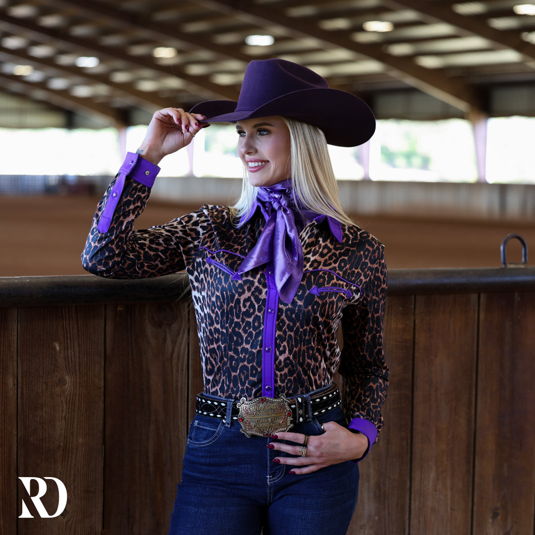 PURPLE LEOPARD PERFORMANCE RODEO SHIRT