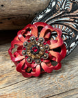 Dark Oil Buckstitch Bronc Noseband with Red Flowers and Crystal Conchos 