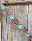 Floral Teal Dot Turquoise - Clear Browband/One Ear Headstall - Breastcollar Tack Set 