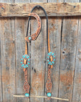Floral Teal Dot Turquoise - Clear Browband/One Ear Headstall - Breastcollar Tack Set 