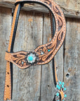 Floral Teal Dot Turquoise - Clear Browband/One Ear Headstall - Breastcollar Tack Set 