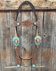 Floral Teal Dot Turquoise - Clear Browband/One Ear Headstall - Breastcollar Tack Set 