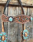 Floral Teal Dot Turquoise - Clear Browband/One Ear Headstall - Breastcollar Tack Set 