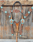 Floral Teal Dot Turquoise - Clear Browband/One Ear Headstall - Breastcollar Tack Set 