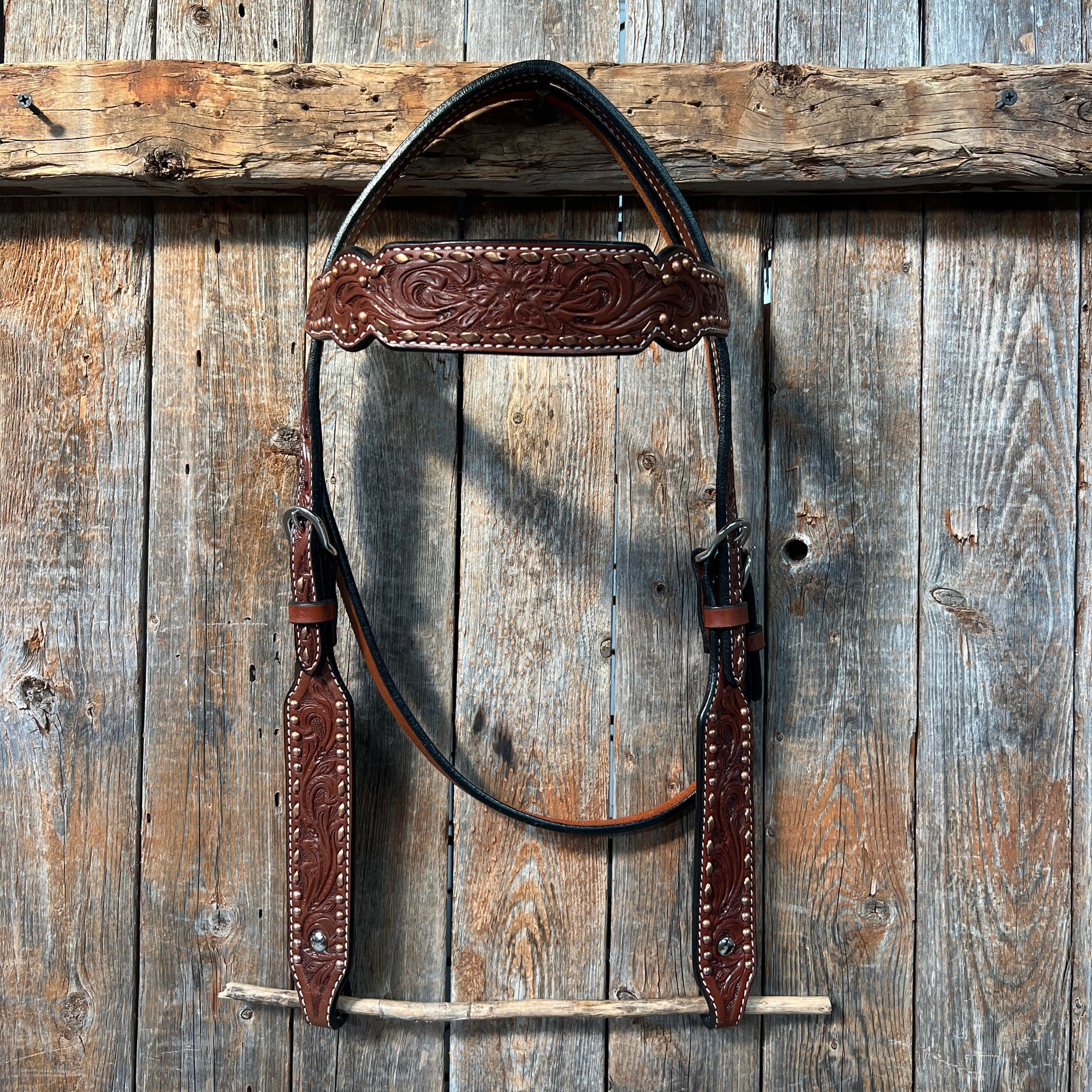 Medium Oil Floral Tooled Copper Buckstitching &amp;  Dots Browband Headstall / Bridle