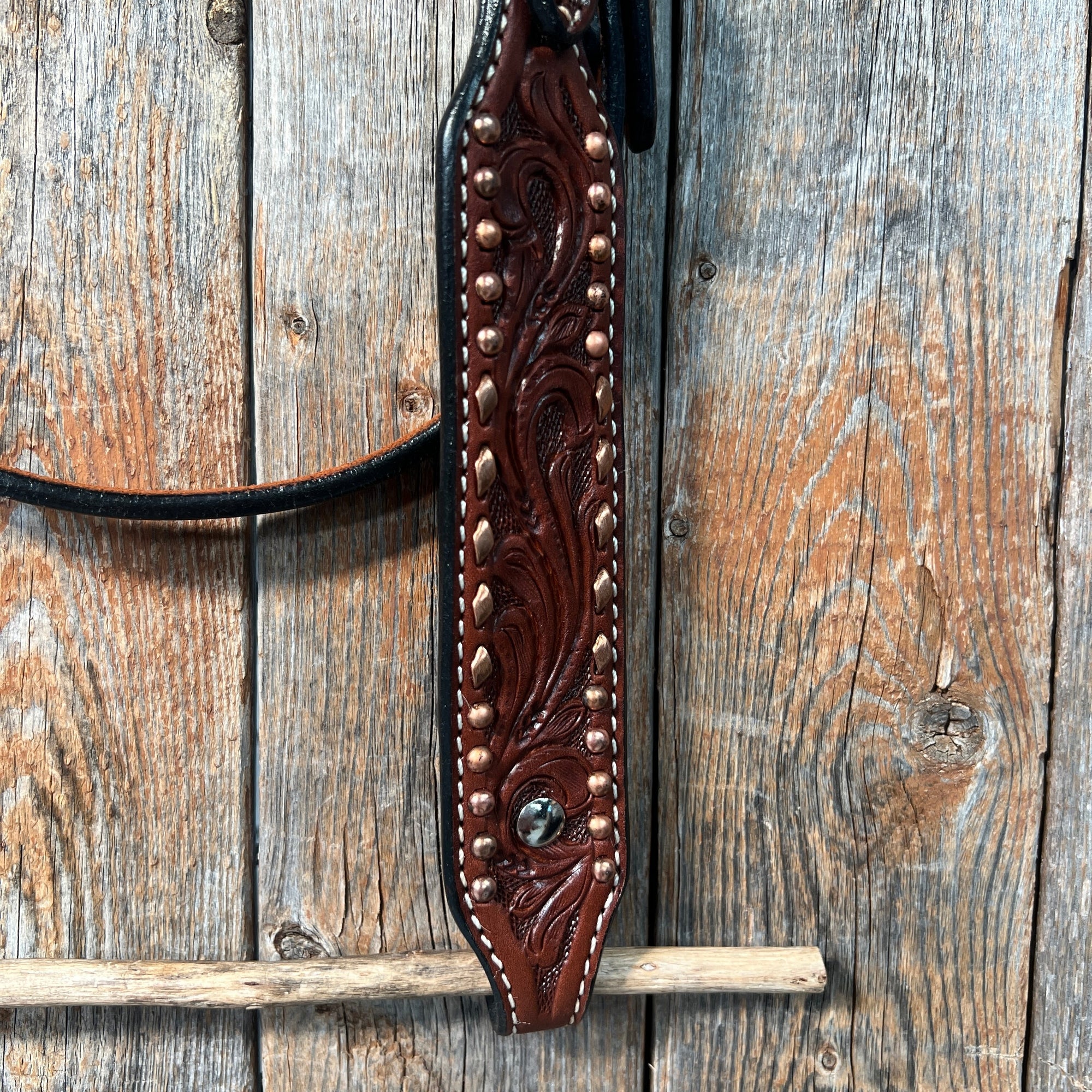 Medium Oil Floral Tooled Copper Buckstitching &amp;  Dots Browband Headstall / Bridle