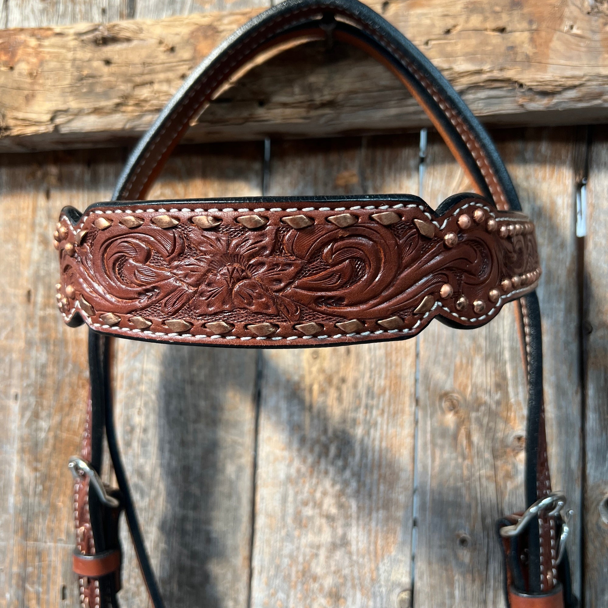 Medium Oil Floral Tooled Copper Buckstitching &amp;  Dots Browband Headstall / Bridle