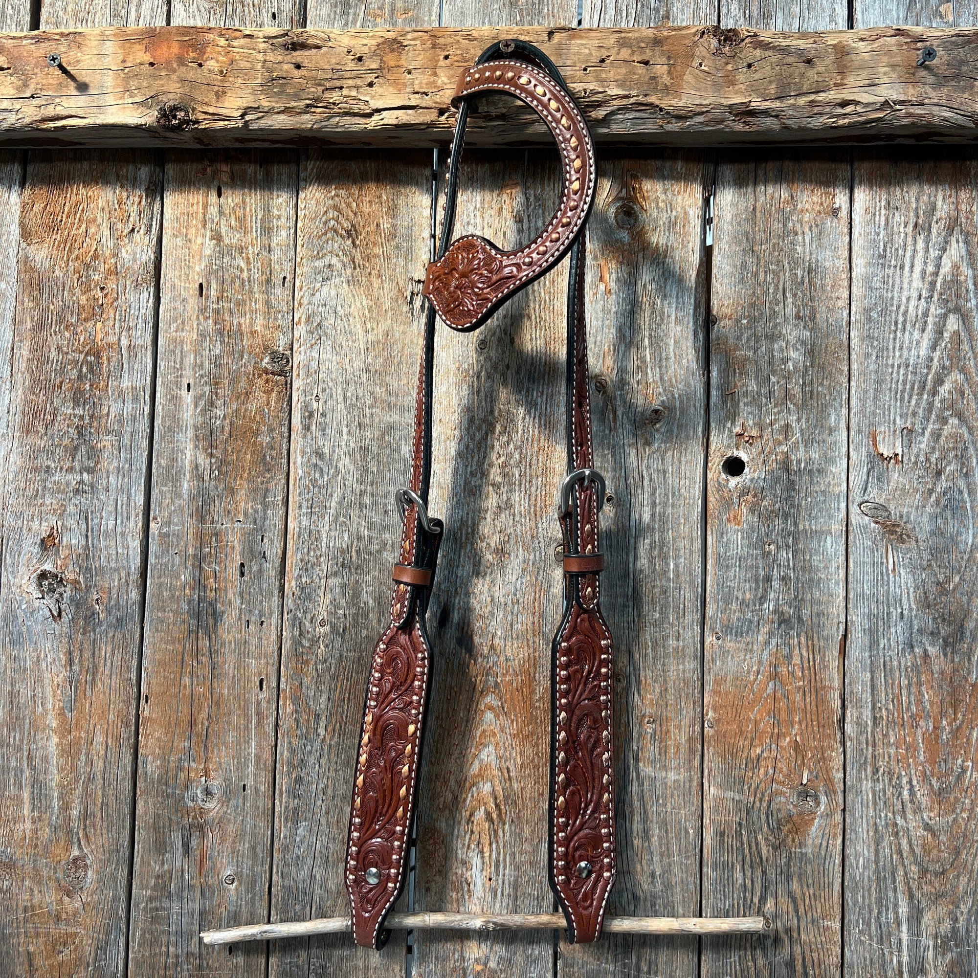 Medium Oil Floral Tooled Copper Buckstitching &amp;  Dots One Ear Headstall / Bridle