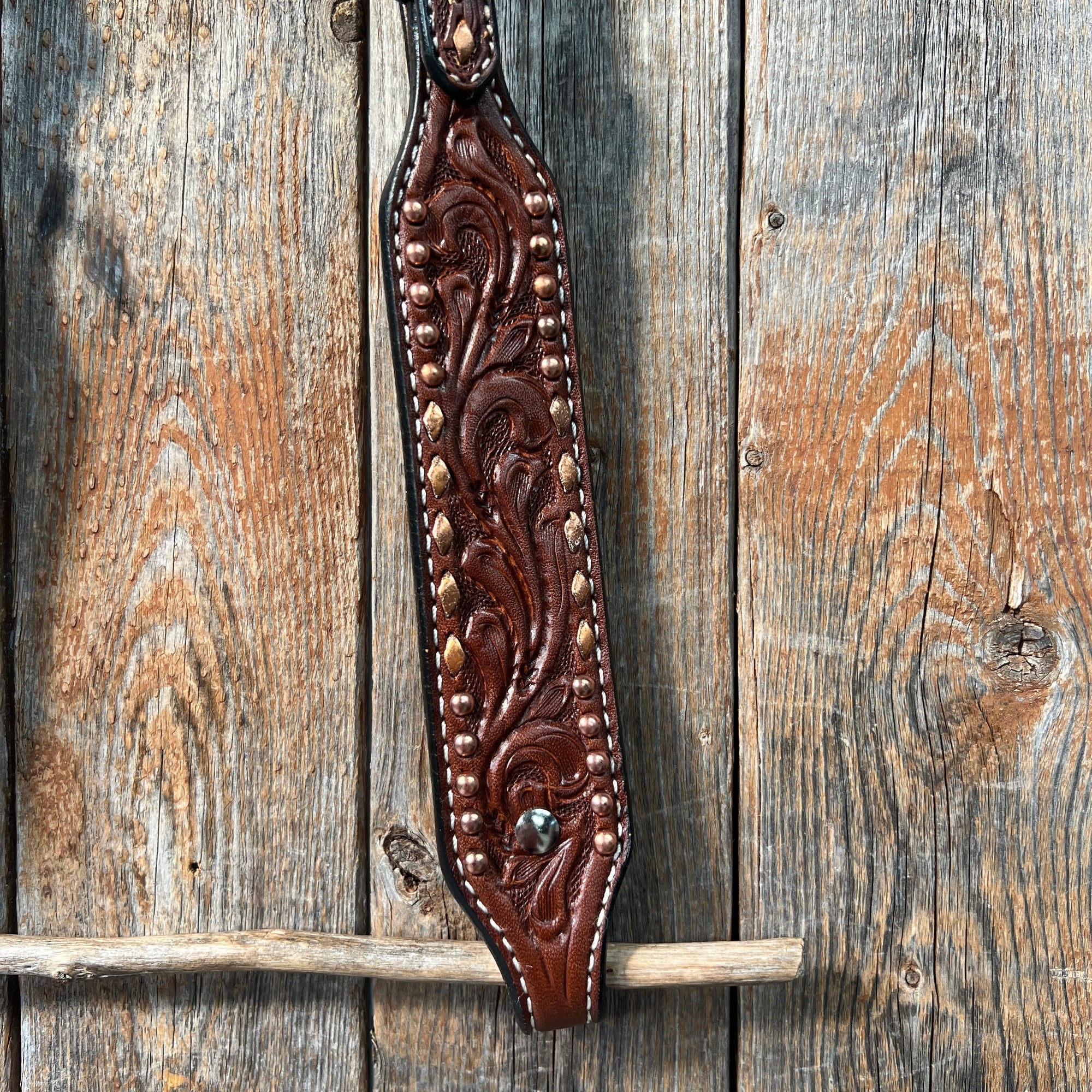 Medium Oil Floral Tooled Copper Buckstitching &amp;  Dots One Ear Headstall / Bridle