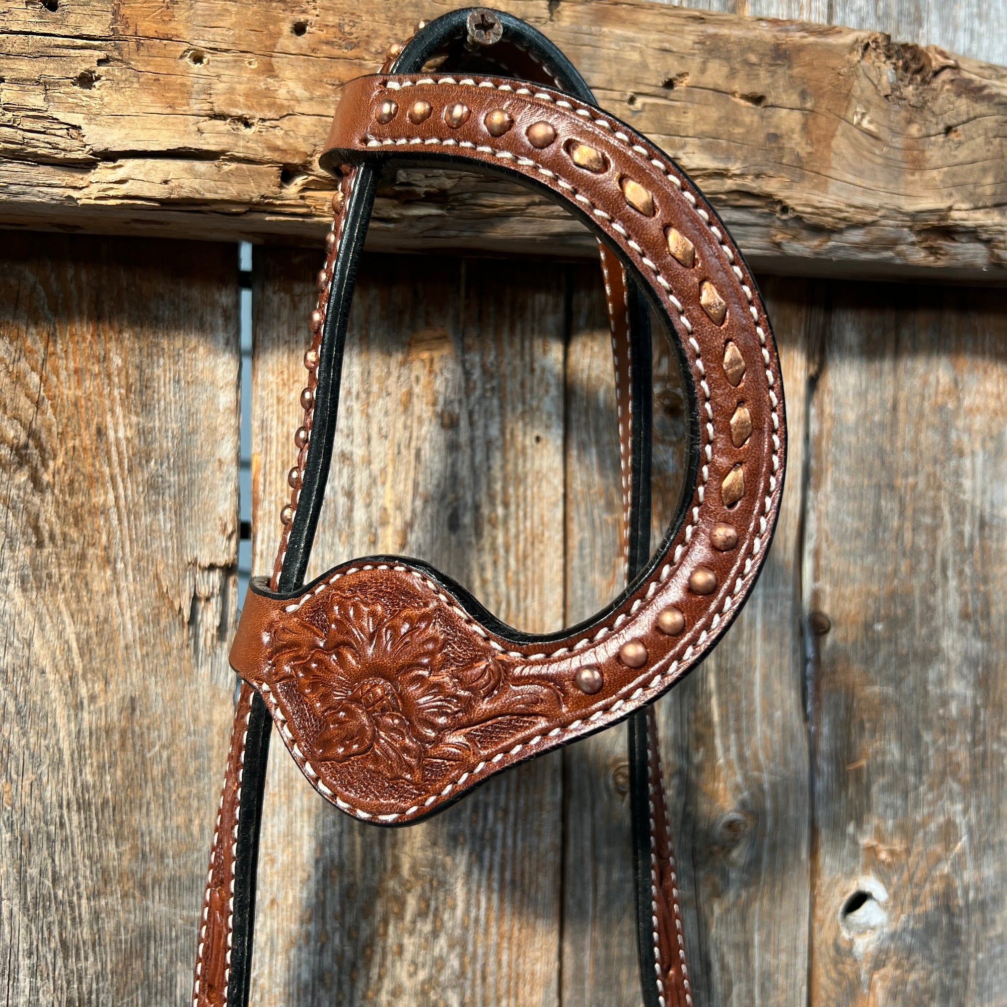 Medium Oil Floral Tooled Copper Buckstitching &amp;  Dots One Ear Headstall / Bridle