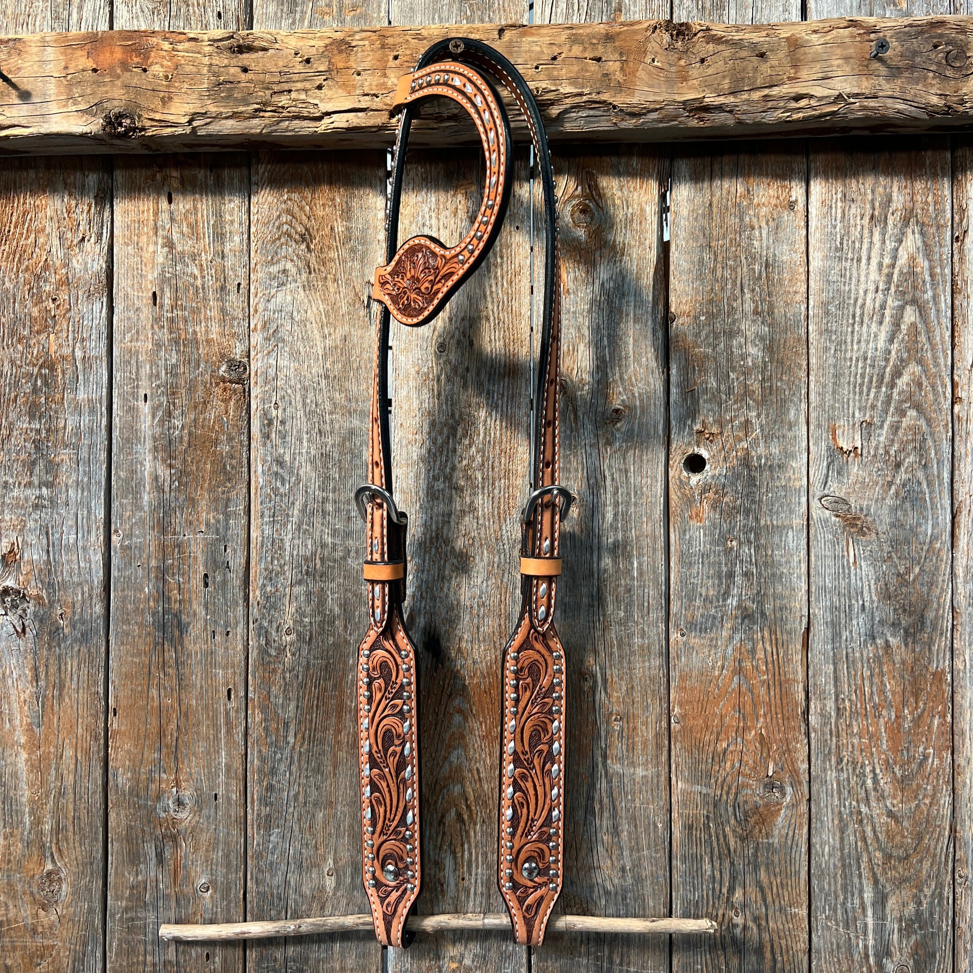 Light Oil Floral Tooled Silver Buckstitching &amp; Dots One Ear Headstall / Bridle