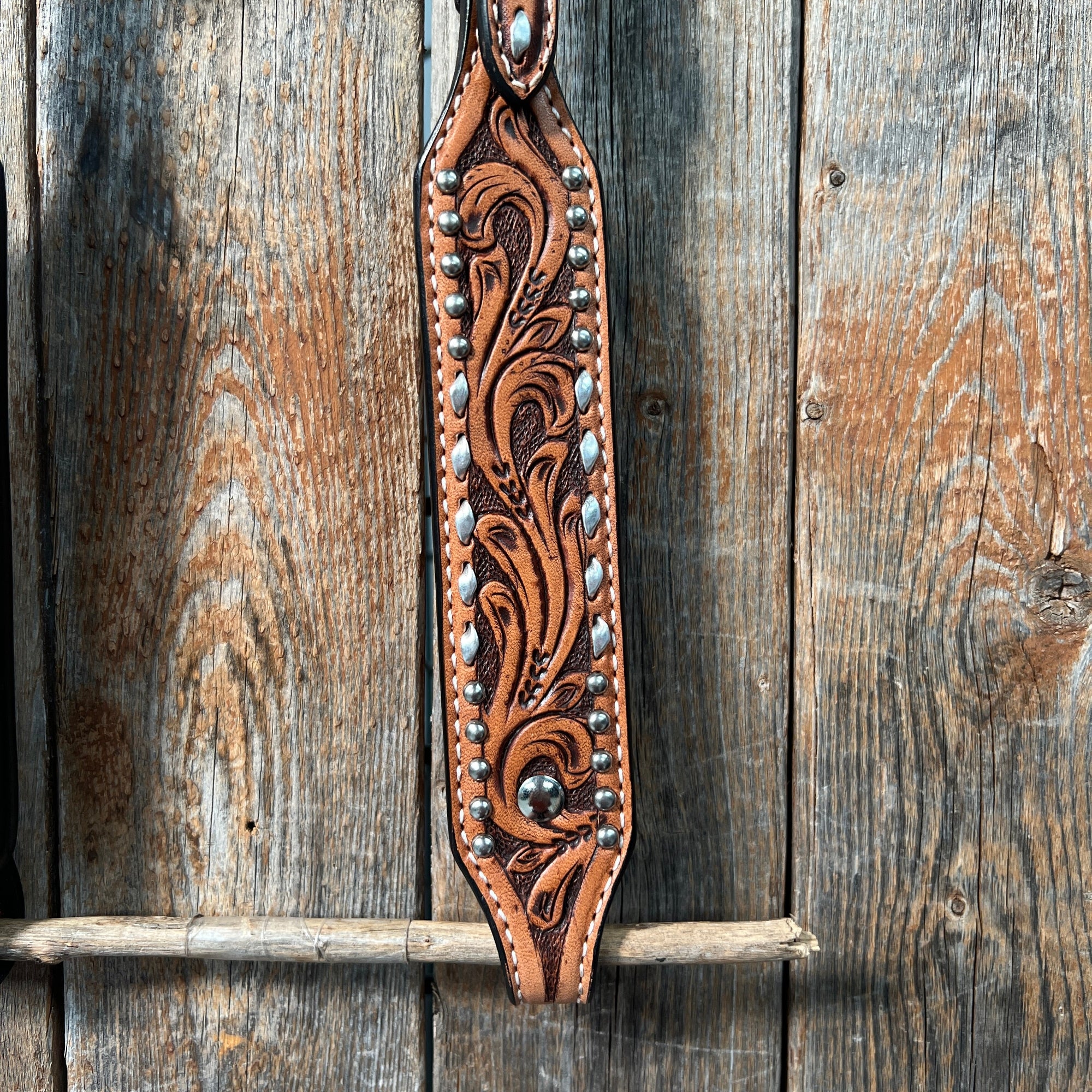 Light Oil Floral Tooled Silver Buckstitching &amp; Dots One Ear Headstall / Bridle