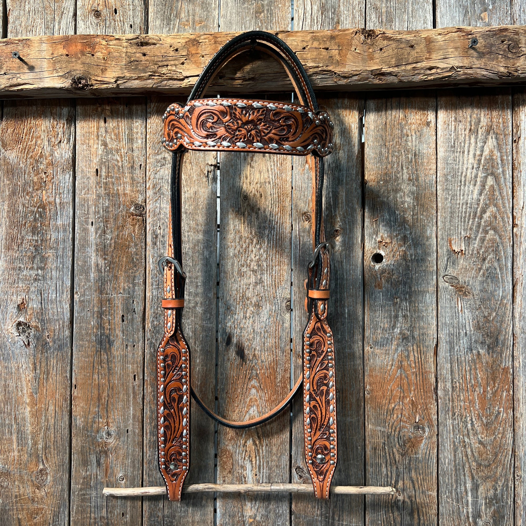 Light Oil Floral Tooled Silver Buckstitching &amp; Dots Browband Headstall / Bridle