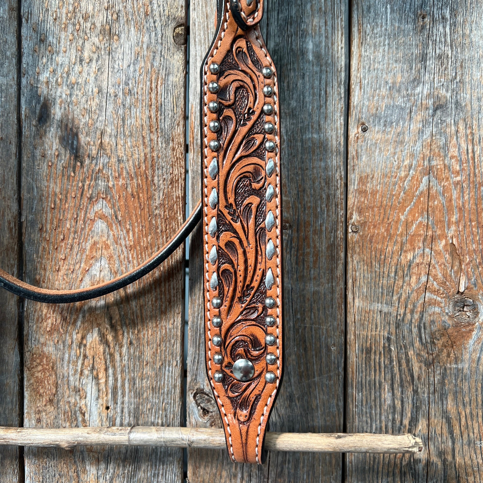 Light Oil Floral Tooled Silver Buckstitching &amp; Dots Browband Headstall / Bridle