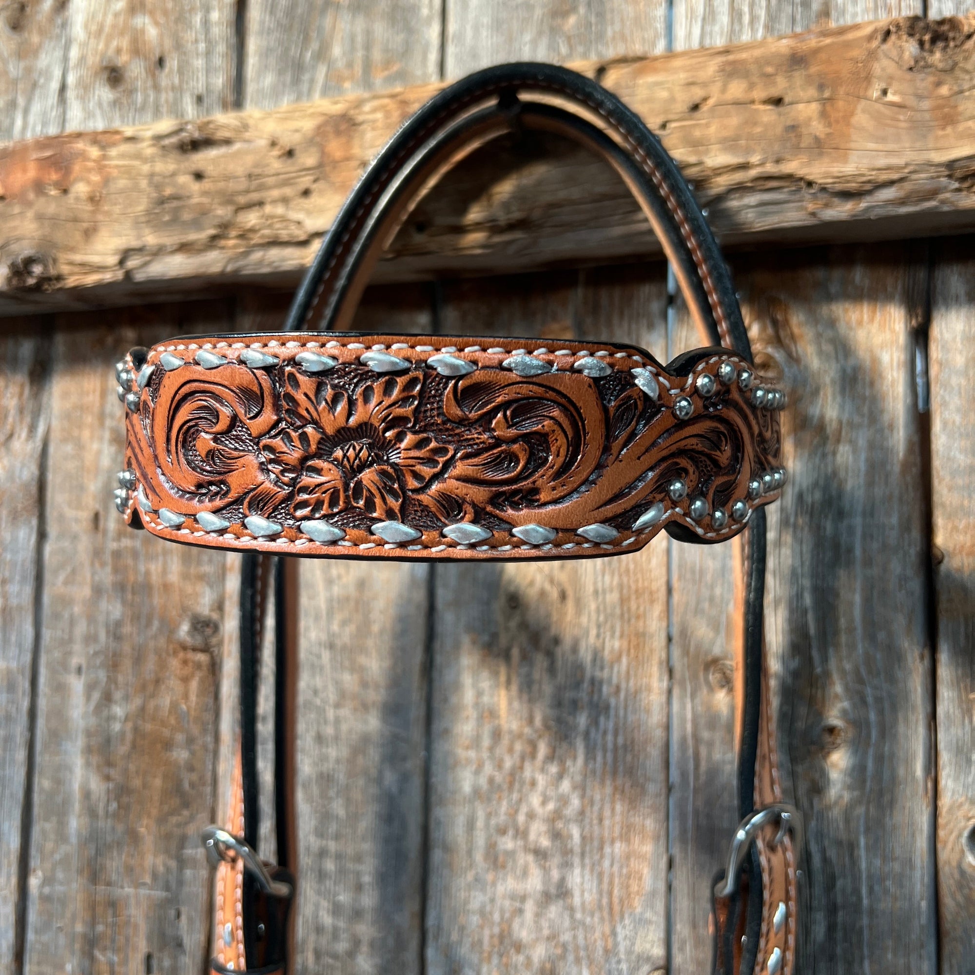 Light Oil Floral Tooled Silver Buckstitching &amp; Dots Browband Headstall / Bridle