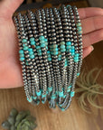 Sterling Silver Pearl Necklace with Turquoise & Variscite Rondelles – 19.5”