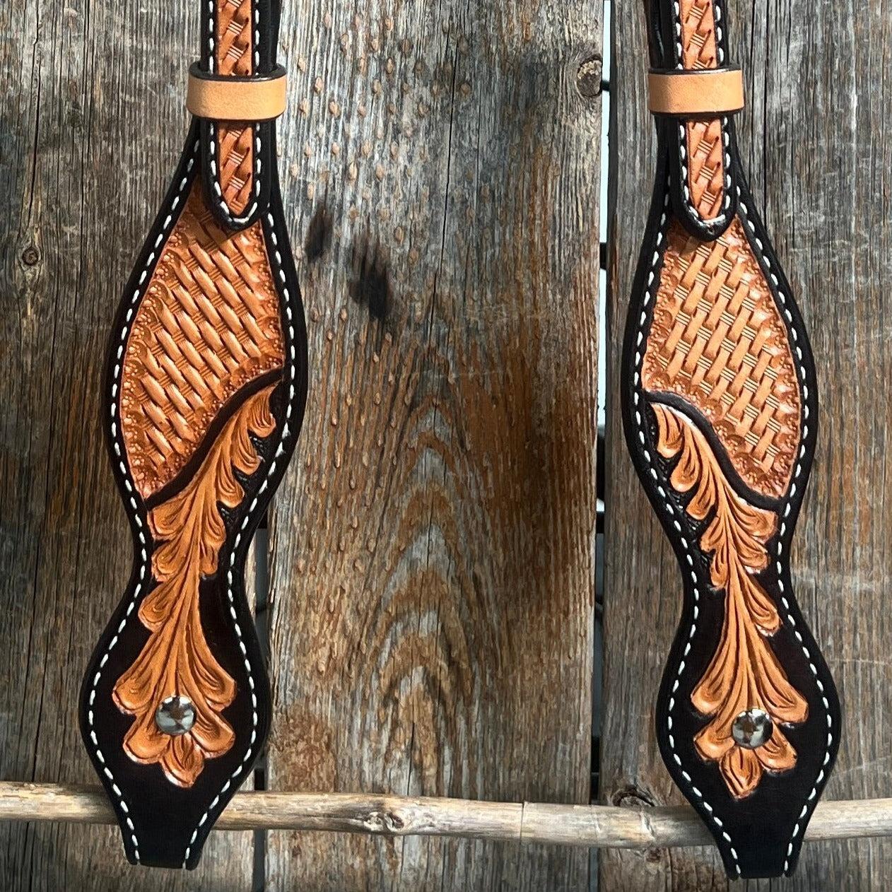 Basketweave - Leaf Scalloped Two Tone One Ear Headstall/Bridle 