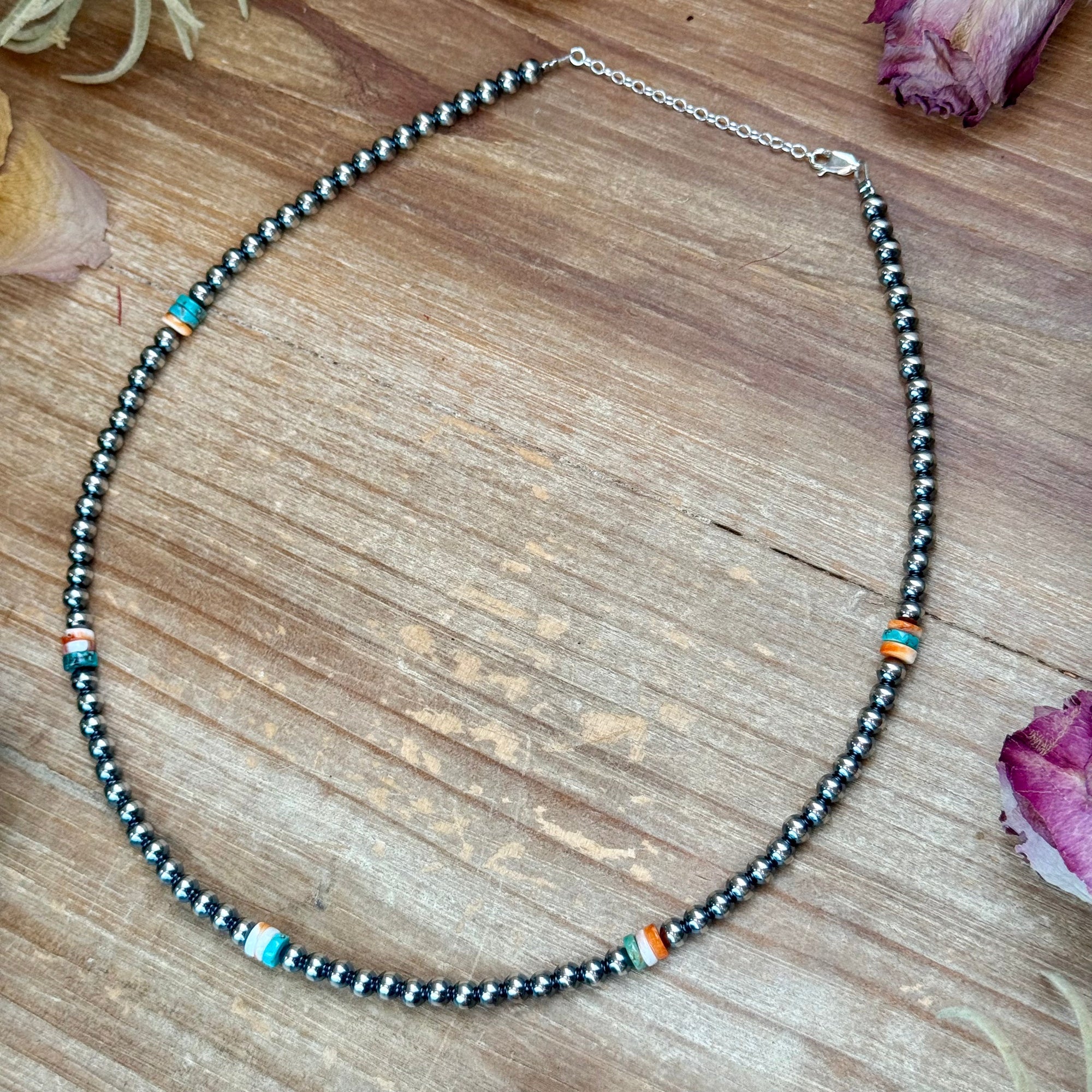 Mixed Turquoise &amp; Spiny Oyster Heishi Necklace – 19”