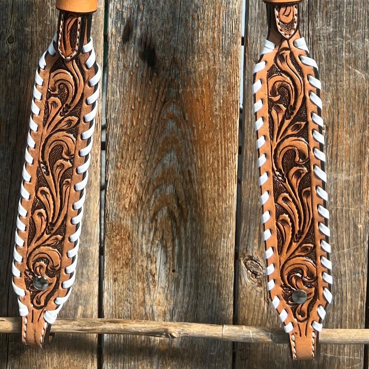 Light Oil Floral Tooled with White Whipstitch One Ear Headstall / Bridle