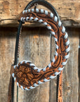 Light Oil Floral Tooled with White Whipstitch One Ear Headstall / Bridle