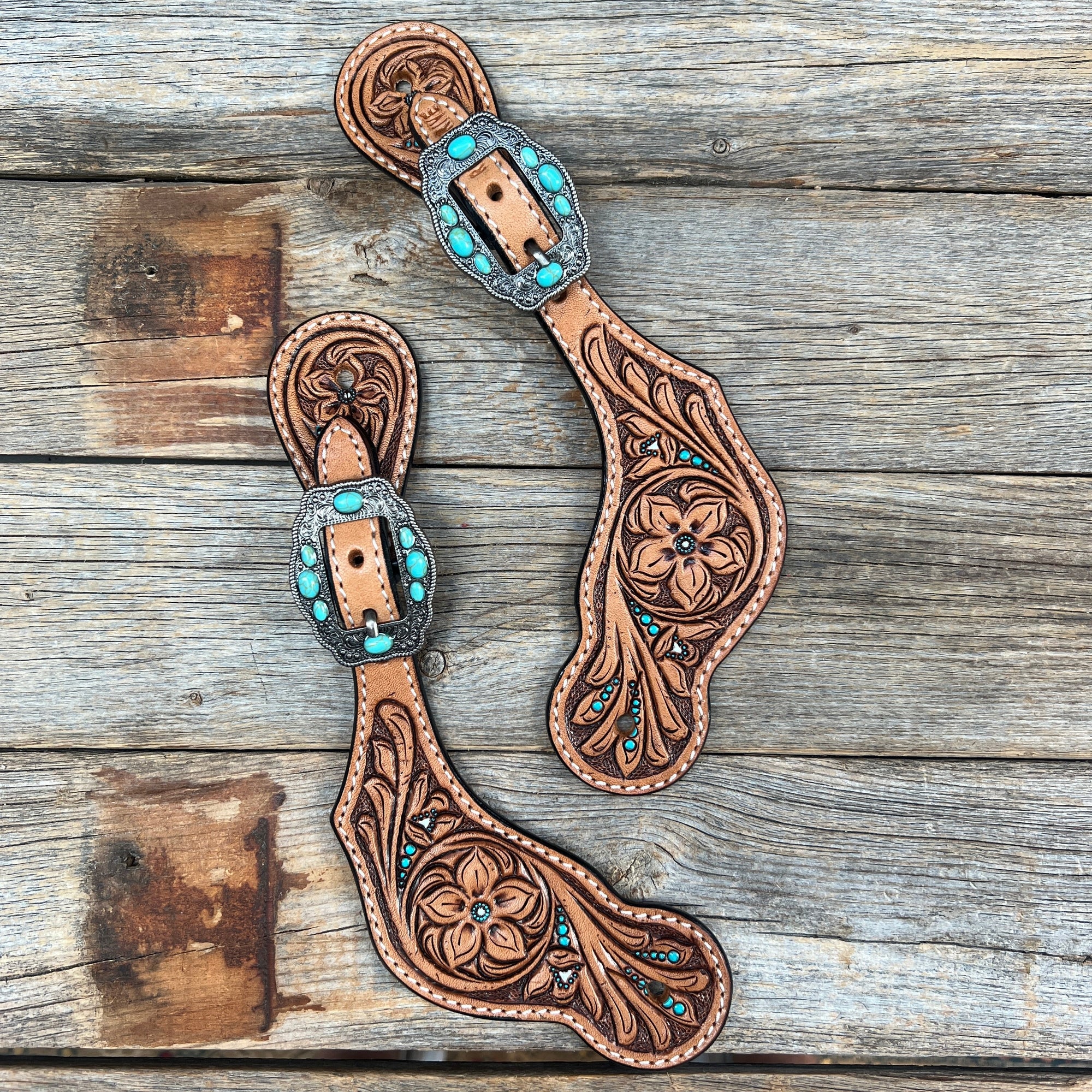 Floral Teal Dot Antique Silver Turquoise Spur Straps 