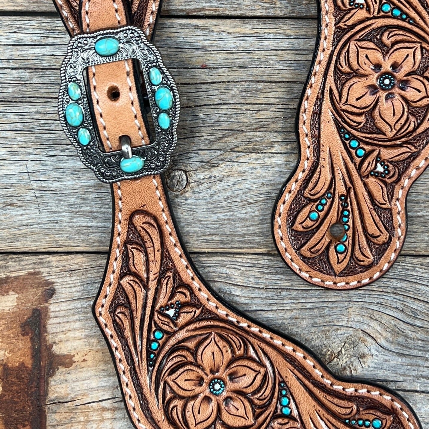 Floral Teal Dot Antique Silver Turquoise Spur Straps 