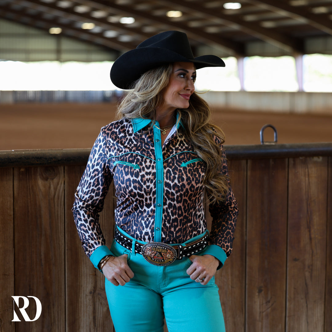 TURQUOISE LEOPARD PERFORMANCE RODEO SHIRT
