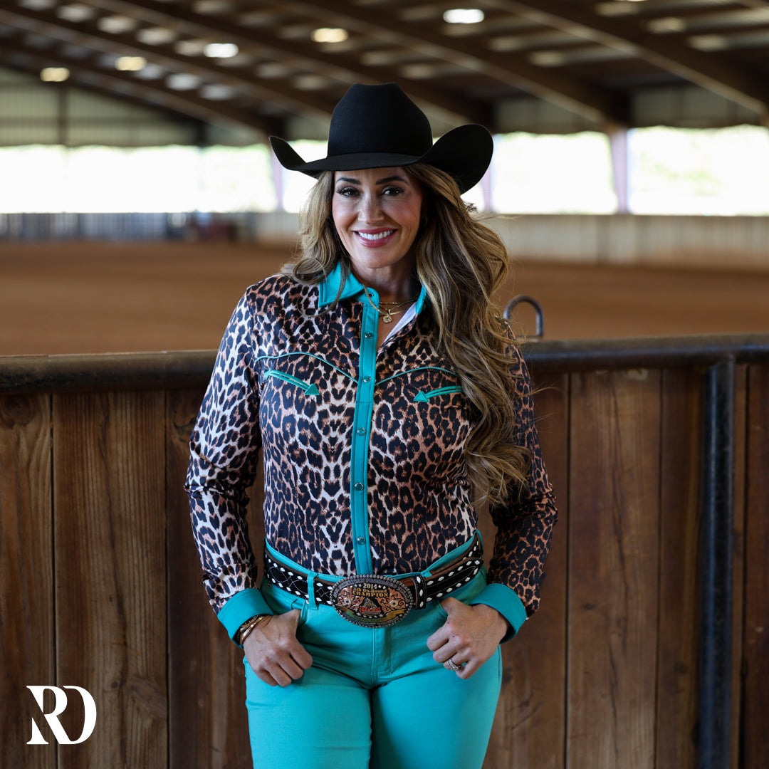 TURQUOISE LEOPARD PERFORMANCE RODEO SHIRT