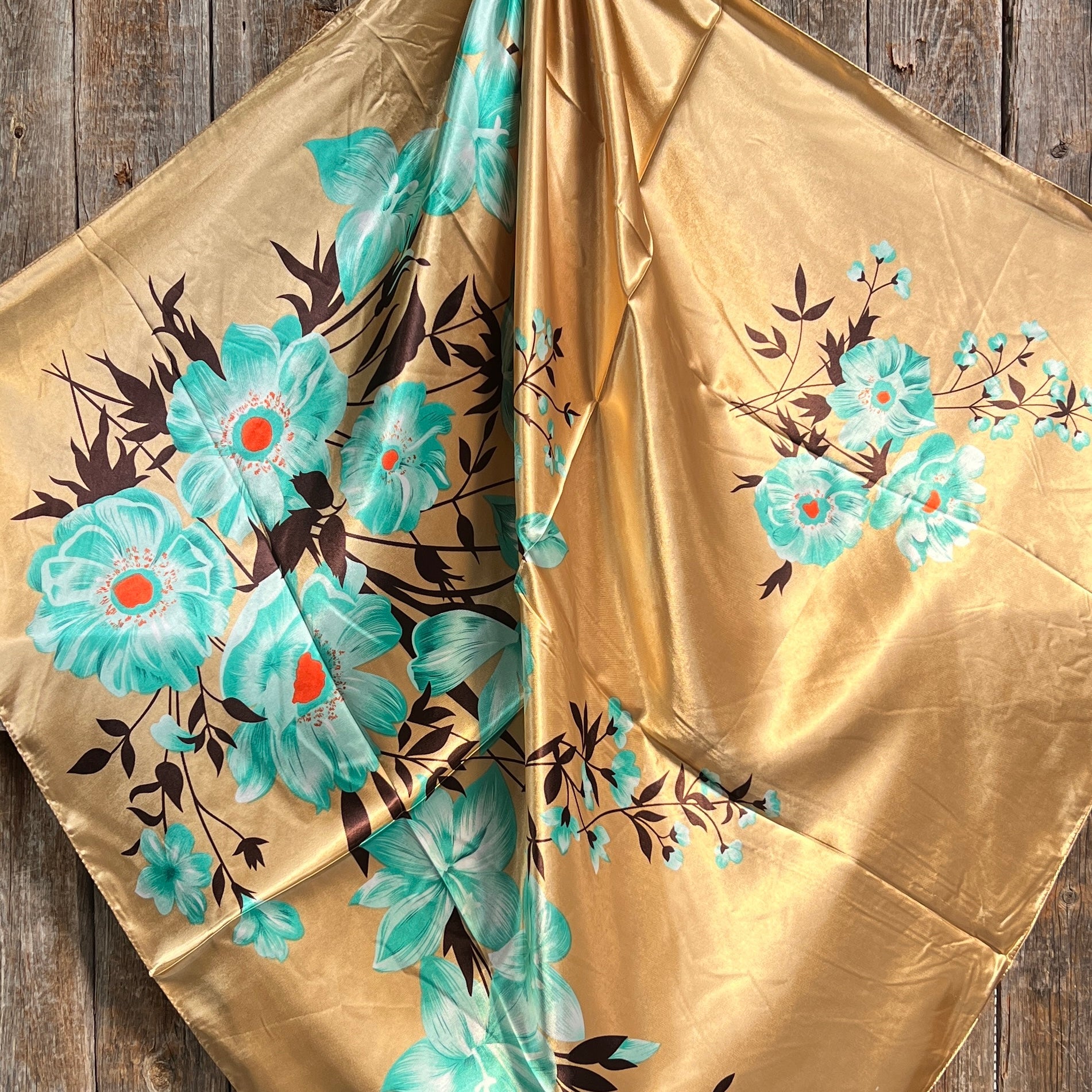 35X35"  Gold &amp; Turquoise Floral Wild Rag / Scarf WR853