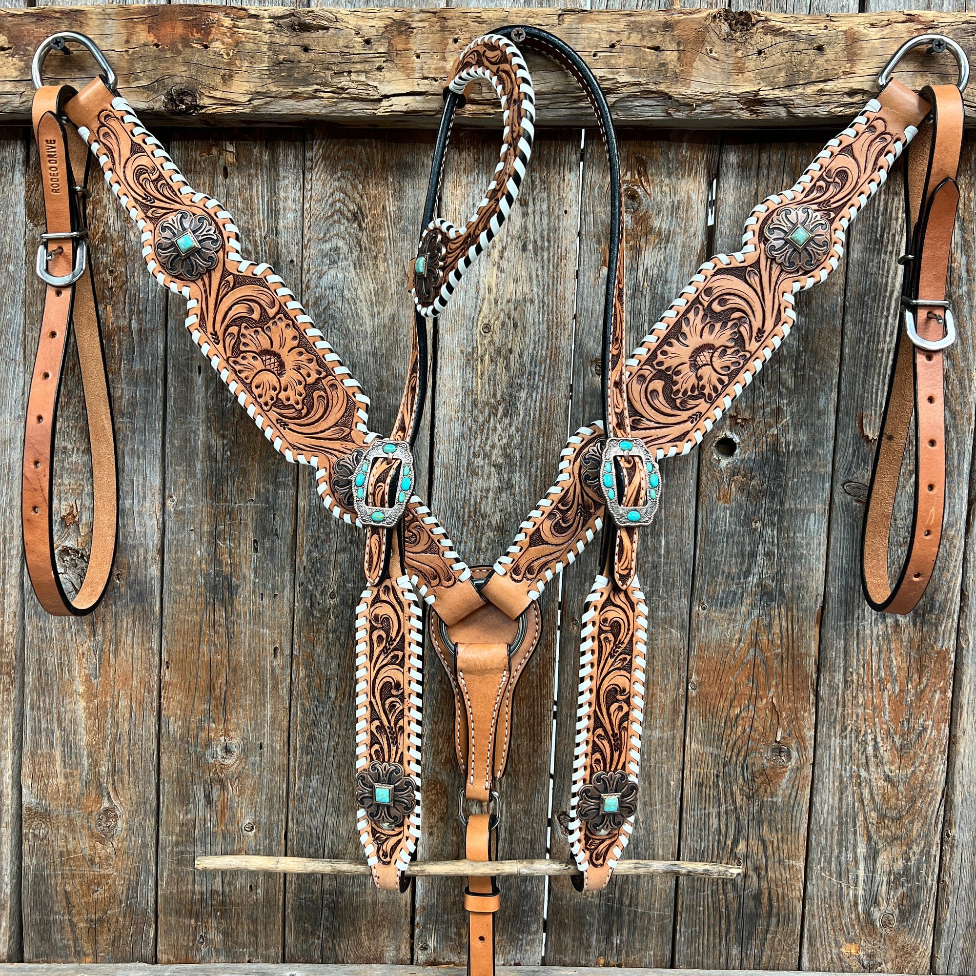 Whipstitch Copper Turquoise  Browband / One Ear Tack Set 