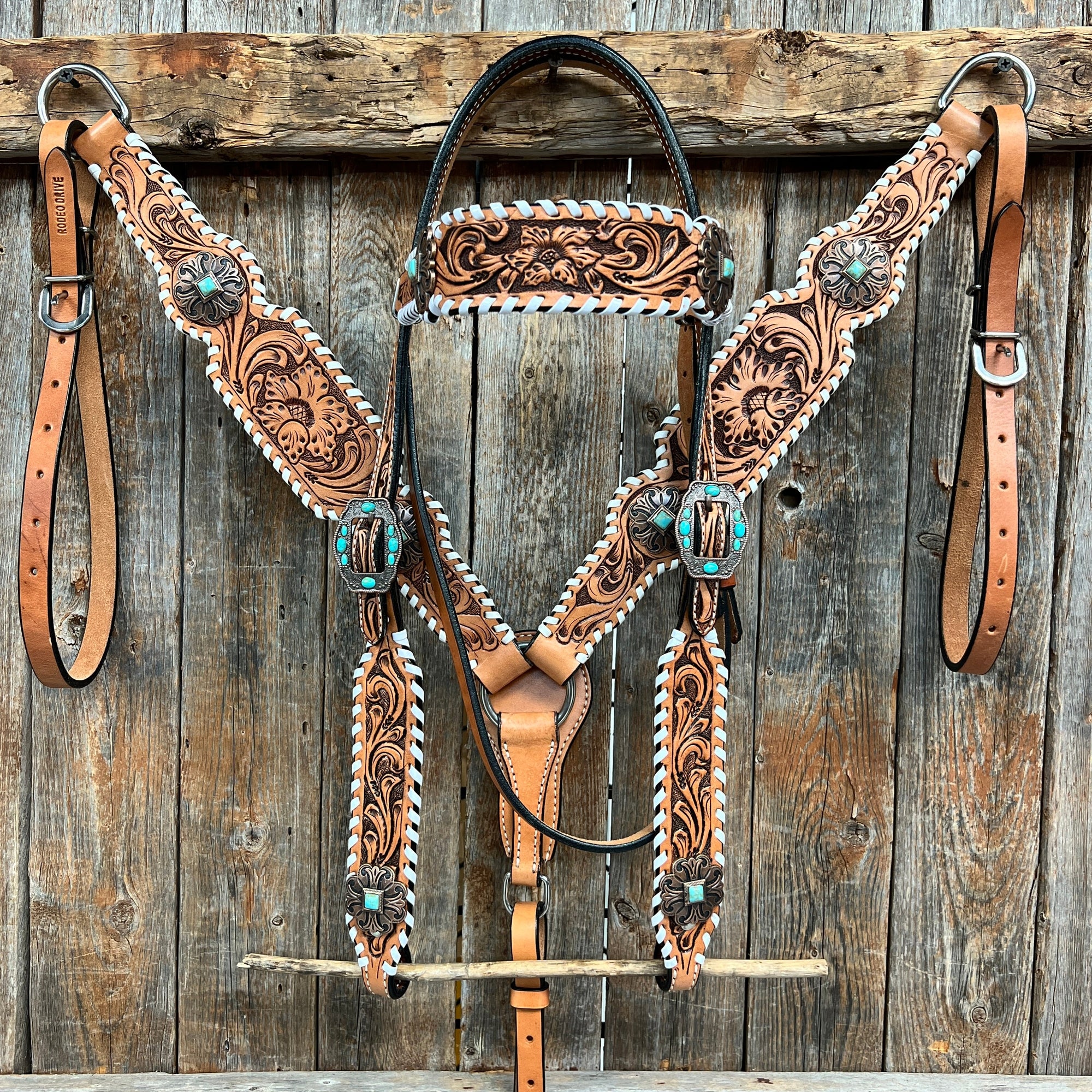Whipstitch Copper Turquoise  Browband / One Ear Tack Set 