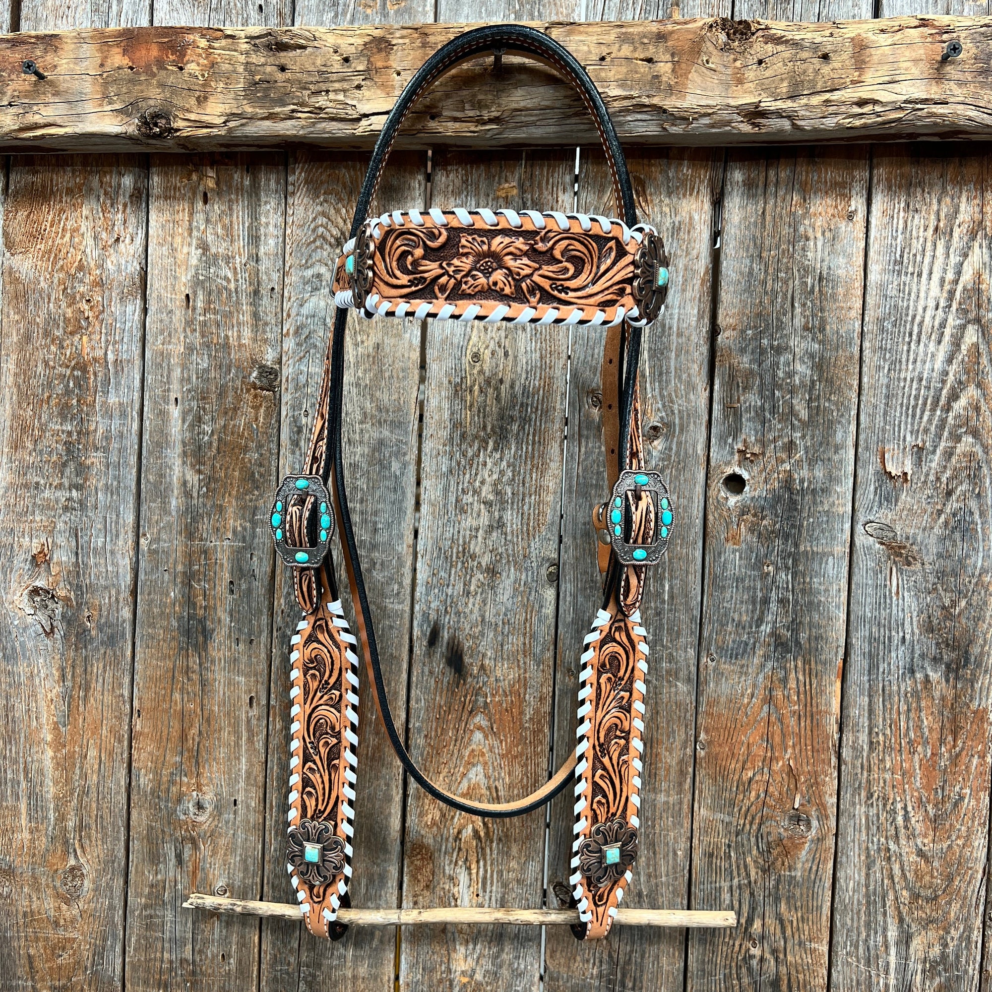 Whipstitch Copper Turquoise  Browband / One Ear Tack Set 