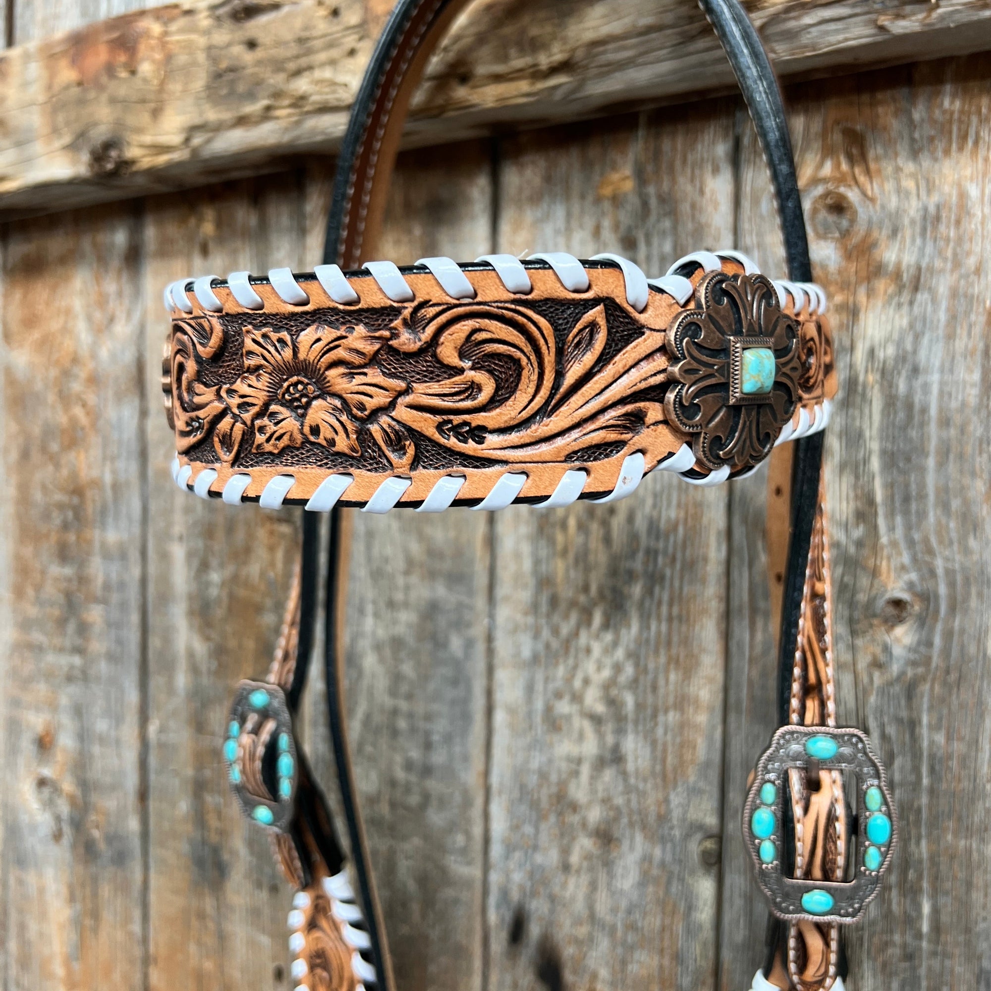 Whipstitch Copper Turquoise  Browband / One Ear Tack Set 